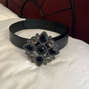WHBM Leather Belt L Black Silver Rhinestone Flower Medallion Buckle Glam